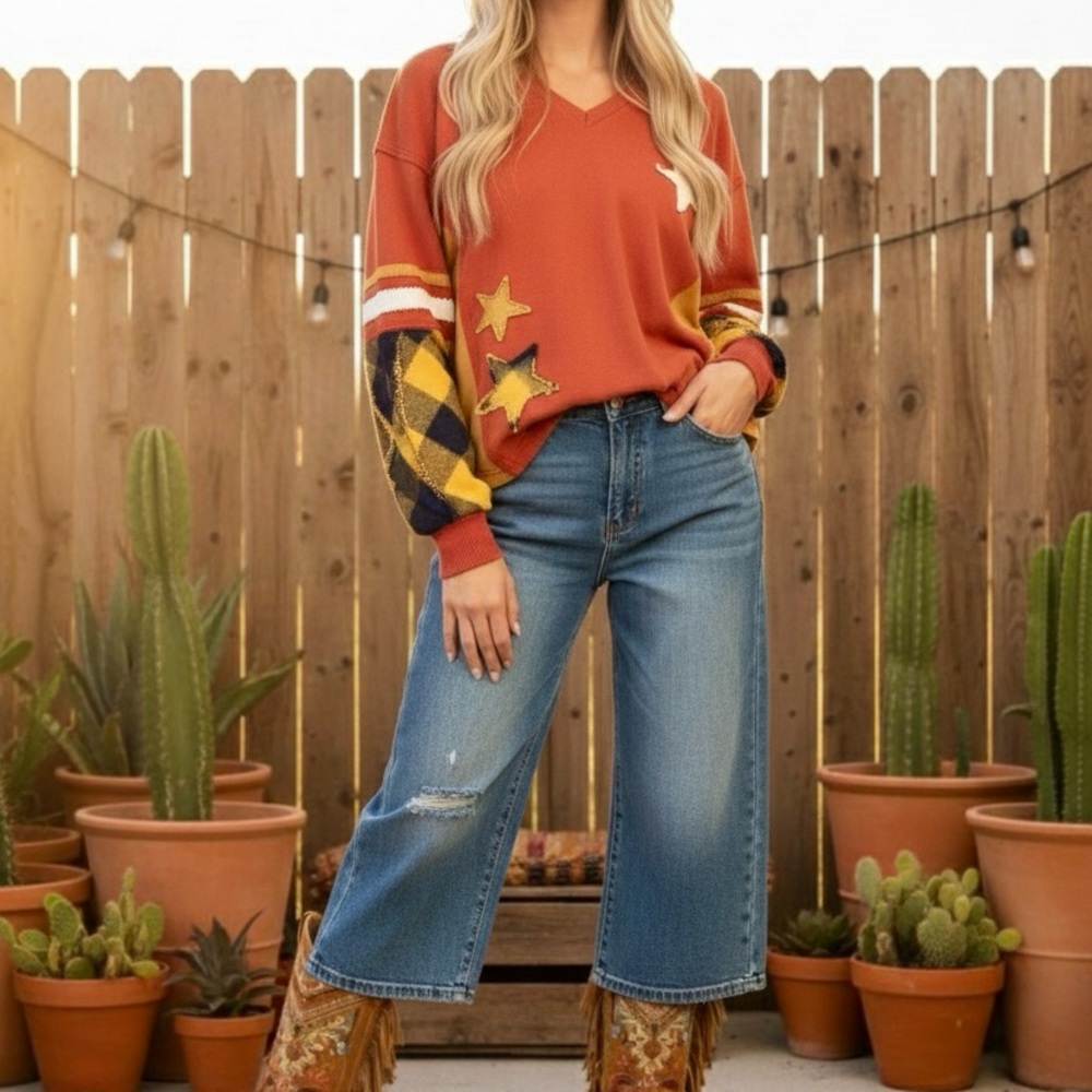 EASEL Boho Mix Color Block Terry Knit Pullover